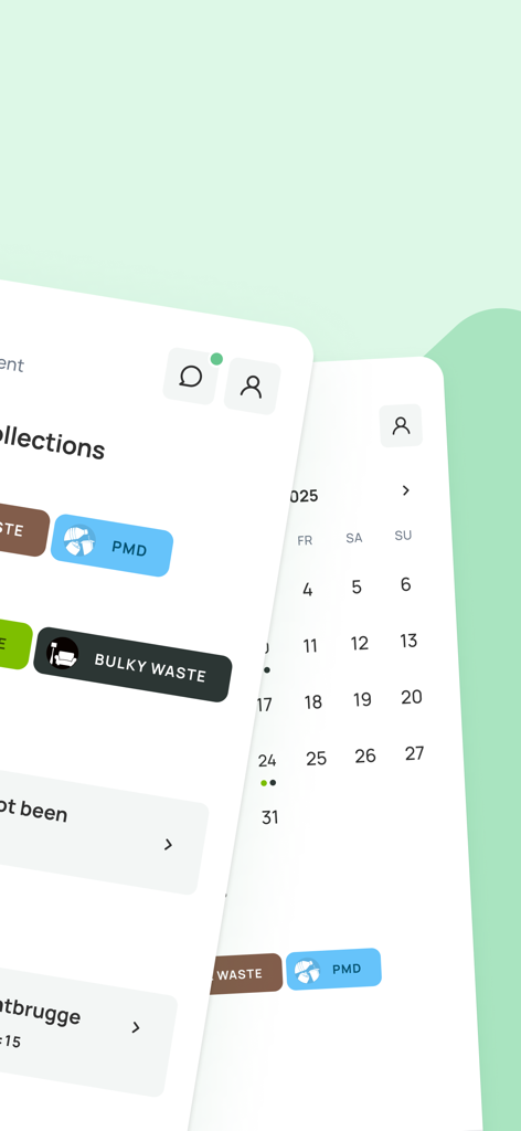Recycle! - Collection calendar - Recycle app interface with waste collection types and a monthly calendar