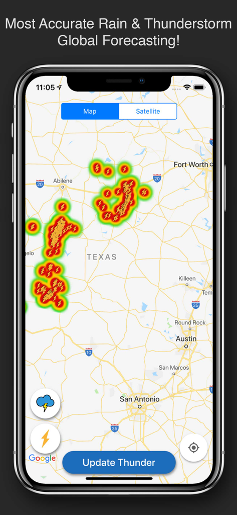 Rayos en tiempo real y mapa de tormentas eléctricas para Texas que muestra puntos de acceso y actividad de tormentas.