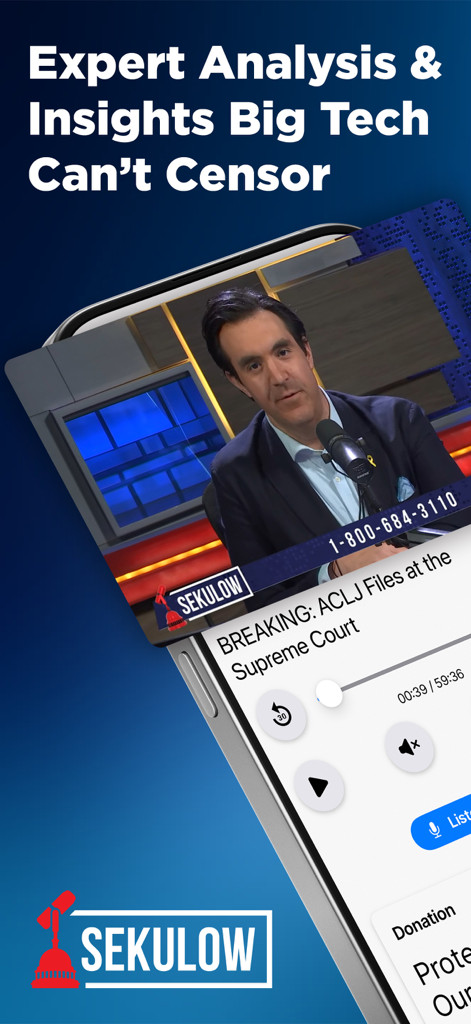 ACLJ - ACLJ mobile app showing a Sekulow news broadcast with expert analysis