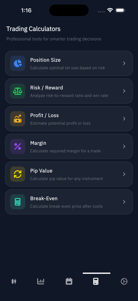TradeVisor - Tela de calculadoras de trading do aplicativo TradeVisor mostrando uma lista de calculadoras profissionais de trading, incluindo ferramentas de tamanho de posição e risco-retorno