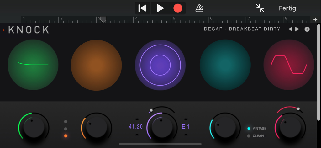 The user interface of the KNOCK drum plugin showing colorful knobs and controls for music production