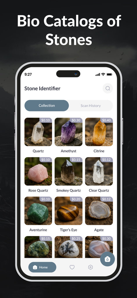 Interfaz de la aplicación Stone Identifier mostrando una colección digital de rocas y cristales catalogados, incluyendo cuarzo, amatista y citrino con estimaciones de precios
