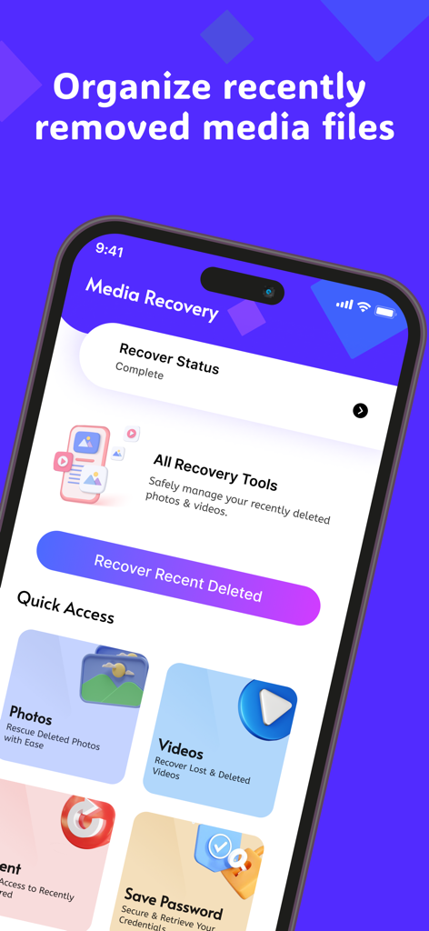 Deleted Photo Recovery. - Interface of the Deleted Photo Recovery app on an iPhone showing options to recover photos and videos