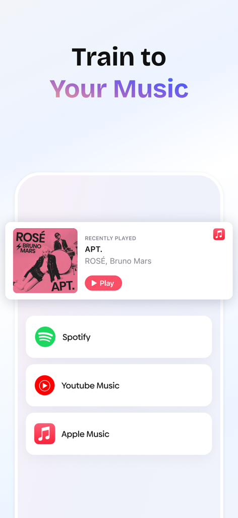Core fitness app interface showing workout music integration with Spotify, Youtube Music and Apple Music options