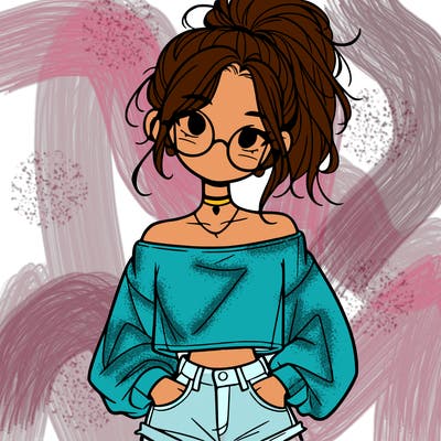 girl with a messy ponytail glasses a baggy crop top and jean shorts