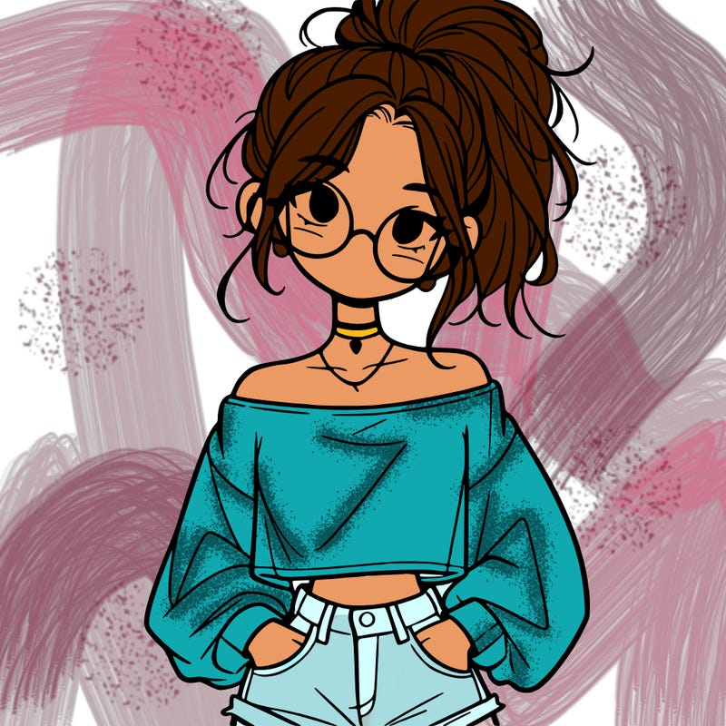 girl with a messy ponytail glasses a baggy crop top and jean shorts