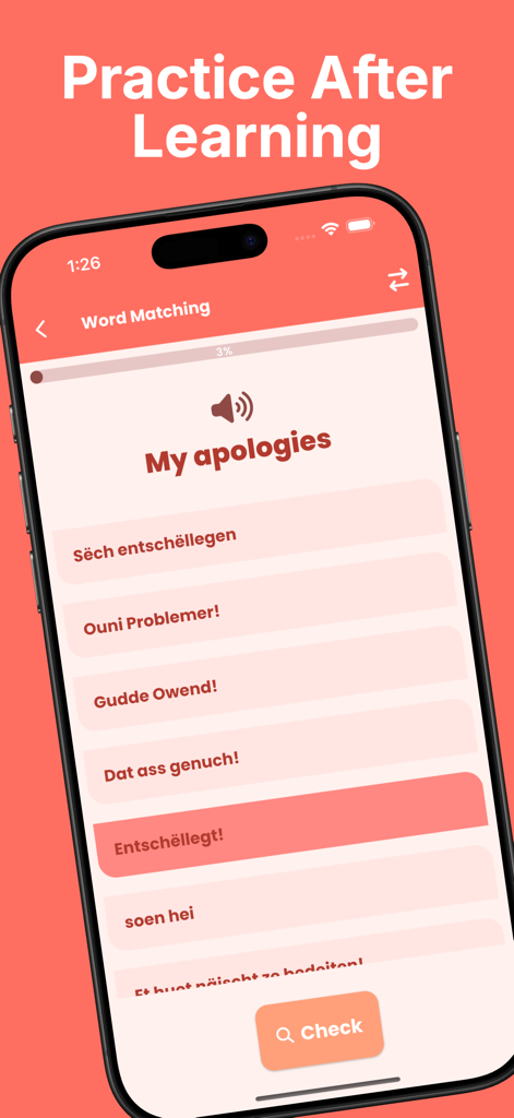 Learn Luxembourgish Beginner - Eine Wort-Zuordnungsübung in der App Learn Luxembourgish Beginner mit der Übersetzung für Meine Entschuldigung.