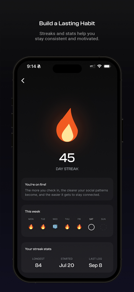 Socialite: Stay Connected - Socialite app interface showing a forty five day streak and habit tracking statistics for social connections