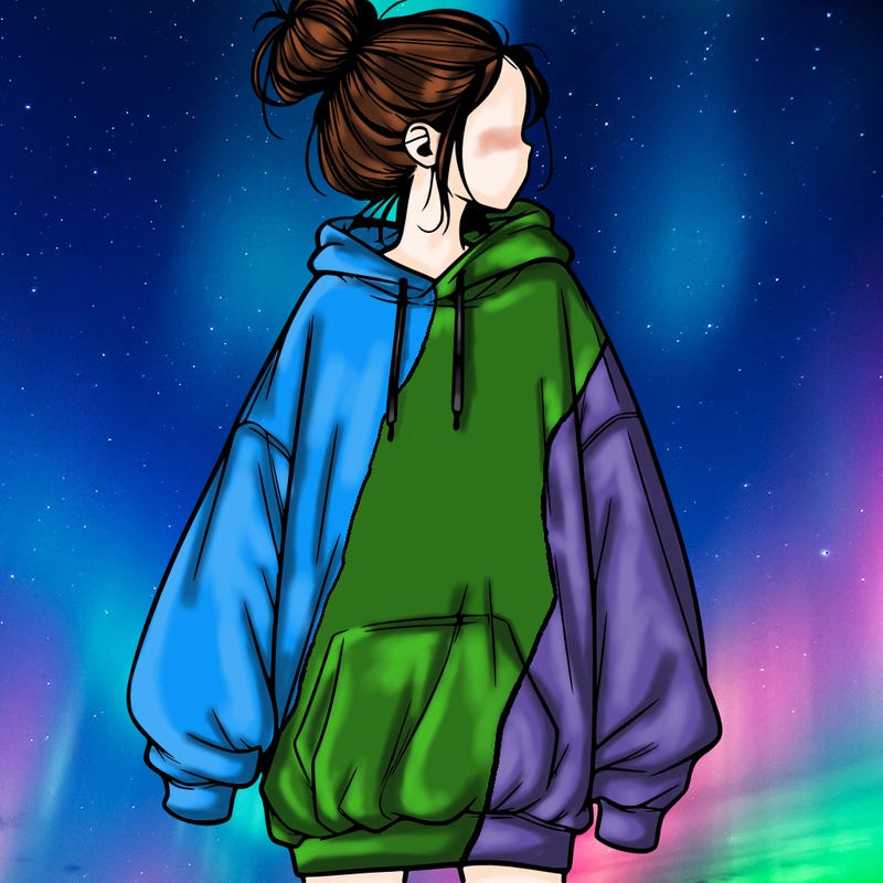realistic girl with a oversized sweatshirt on and a bun