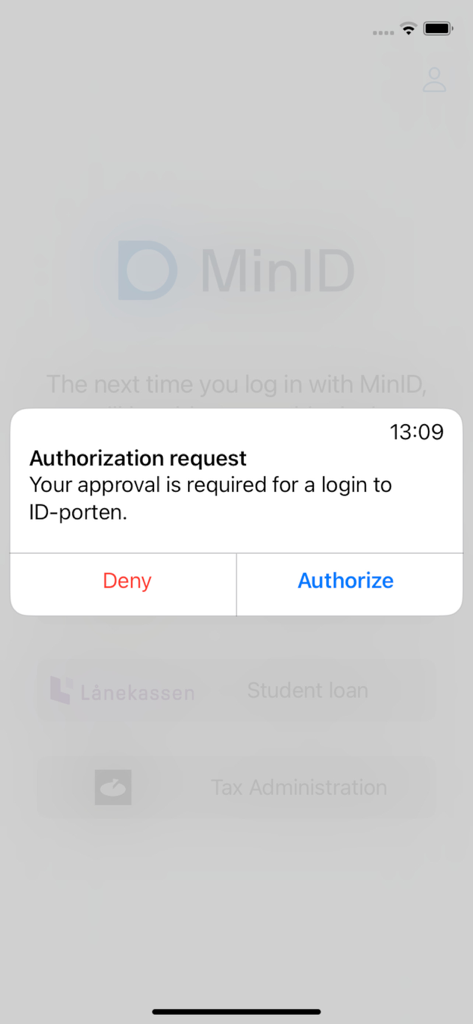 MinID App - Pantalla de solicitud de autorización de la aplicación MinID para iniciar sesión en ID-porten