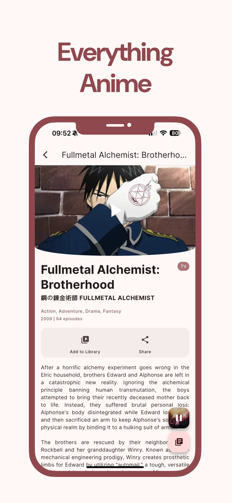 Otaku - Anime & Manga - Página de información de la serie Fullmetal Alchemist Brotherhood en la aplicación de anime Otaku
