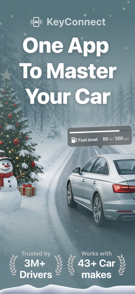 KeyConnect app interface showing car status and fuel level with a holiday winter theme