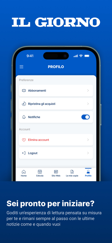 IL GIORNO - Profil-Einstellungen-Bildschirm der IL GIORNO Nachrichten-App auf einem mobilen Gerät, der Konto- und Abonnementoptionen anzeigt