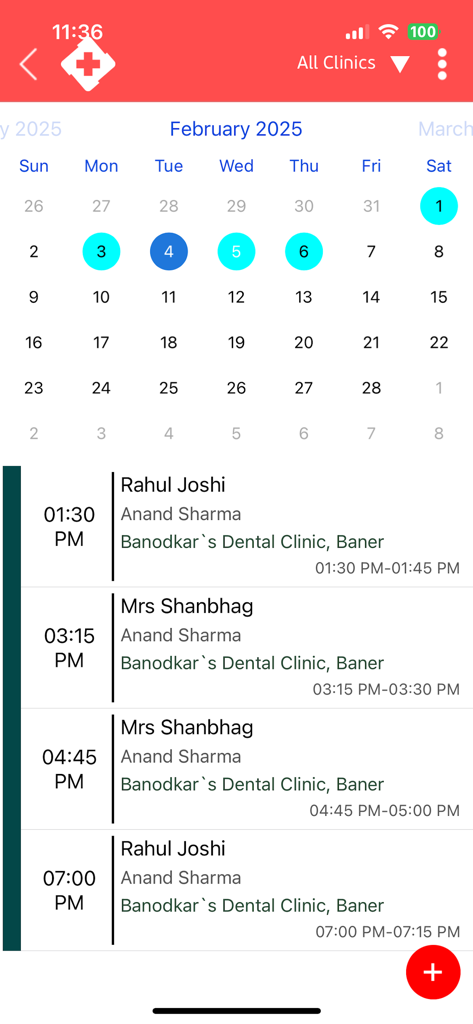 Mobile Clinicia-App mit Monatskalender und täglichem Terminkalender für eine Klinik.