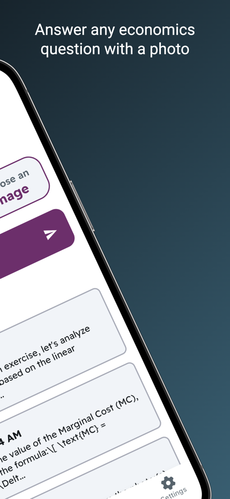 Economics AI - Econ Answers - Economics AI app interface showing a step-by-step solution for a marginal cost problem solved via photo.