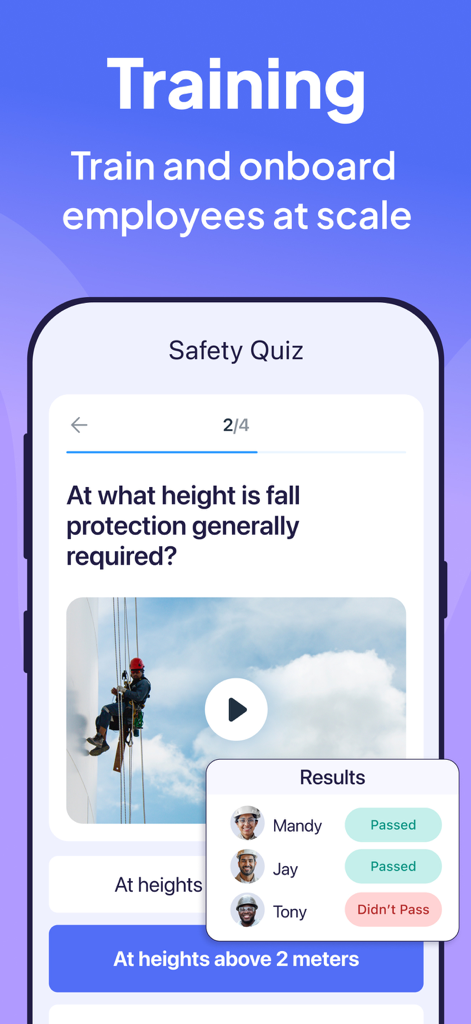 Connecteam Team Management App - Connecteam app interface showing an employee safety quiz and training results tracking for managers.