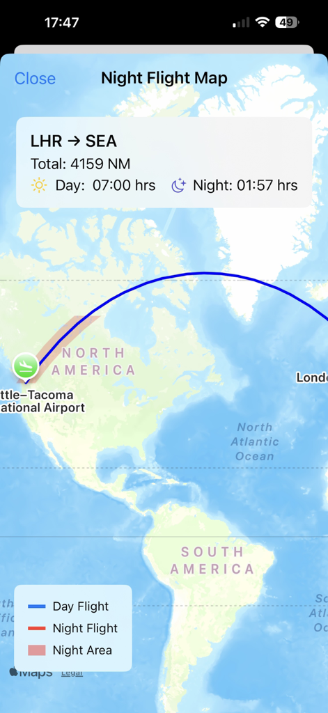 FlightMate – Pilot Tools - Night flight map displaying a flight route from London to Seattle with day and night time tracking for pilots