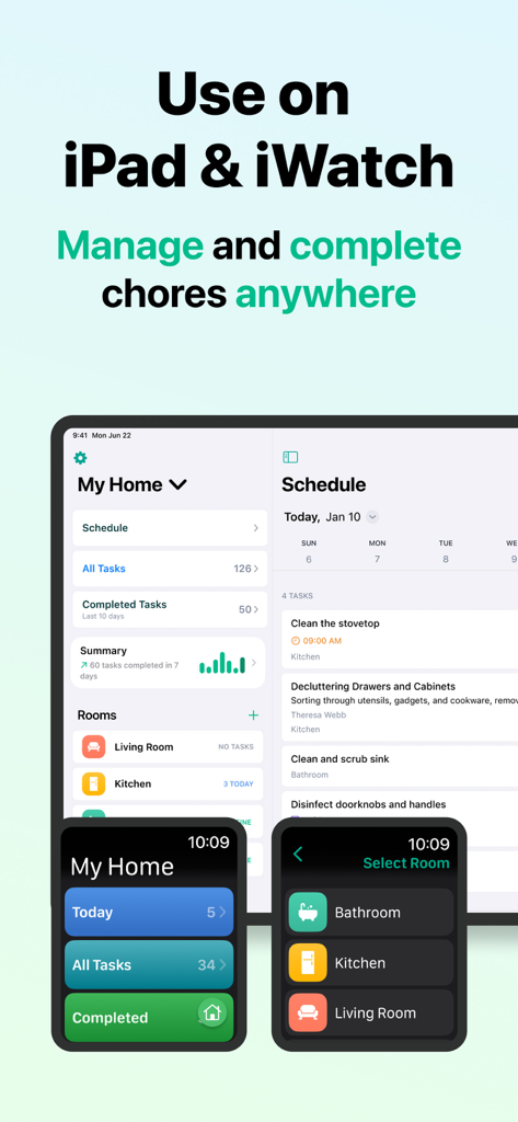 House Chores Cleaning Schedule - Home Tasker app interface on iPad and Apple Watch showing household chore management and schedule