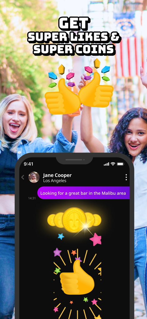 Superfy app interface showing super likes and coins features with two women celebrating in the background