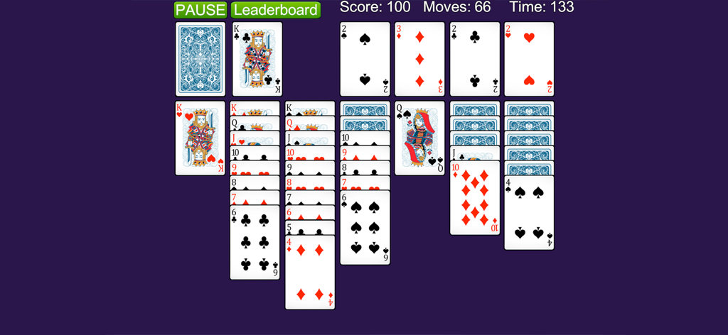 Solitaire Classic Klondike Ace - Juego de Solitario Klondike Clásico con cartas grandes y claras sobre un fondo morado