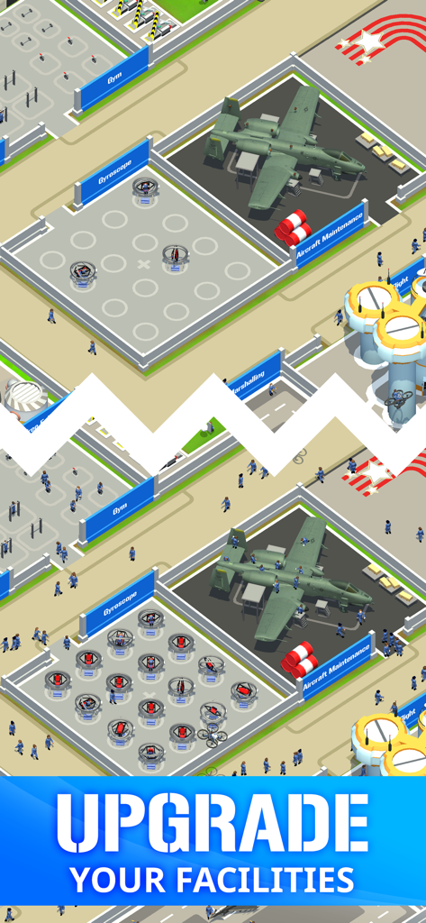 Idle Air Force Base - Top-down view of military training facilities and an A-10 Thunderbolt in the Idle Air Force Base game