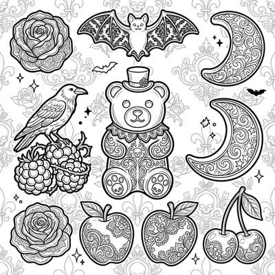 Dive into a unique blend of playful sweetness and mysterious elegance with our Gothic Gummy Candies coloring page. This captivating design reimagines classic treats and creatures with intricate Victorian lace and dark, ornate patterns, perfect for a truly original coloring experience.