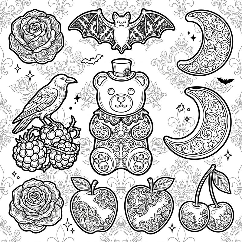 Dive into a unique blend of playful sweetness and mysterious elegance with our Gothic Gummy Candies coloring page. This captivating design reimagines classic treats and creatures with intricate Victorian lace and dark, ornate patterns, perfect for a truly original coloring experience.