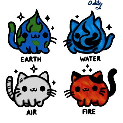 4 cats that represent the different elements, earth, water, air, and fire