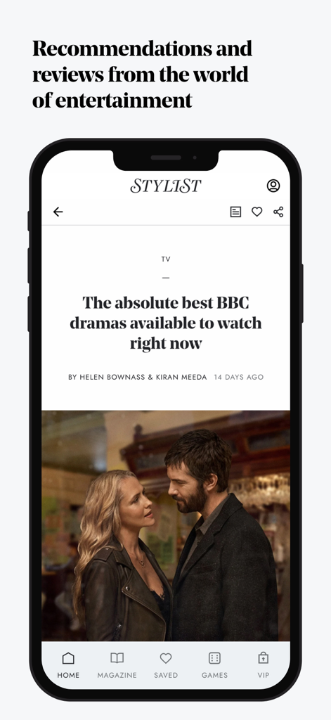 Stylist: Fashion, Beauty, News - Interface do aplicativo Stylist mostrando um artigo sobre recomendações de dramas da BBC