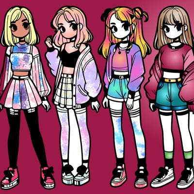 one girl with crop-top shirt and a jacket with a skirt, long socks and another girl with a shirt and pants with a jacket