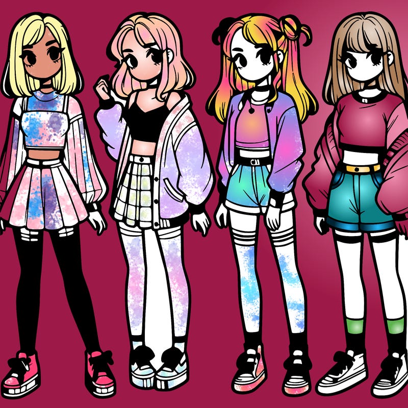 one girl with crop-top shirt and a jacket with a skirt, long socks and another girl with a shirt and pants with a jacket