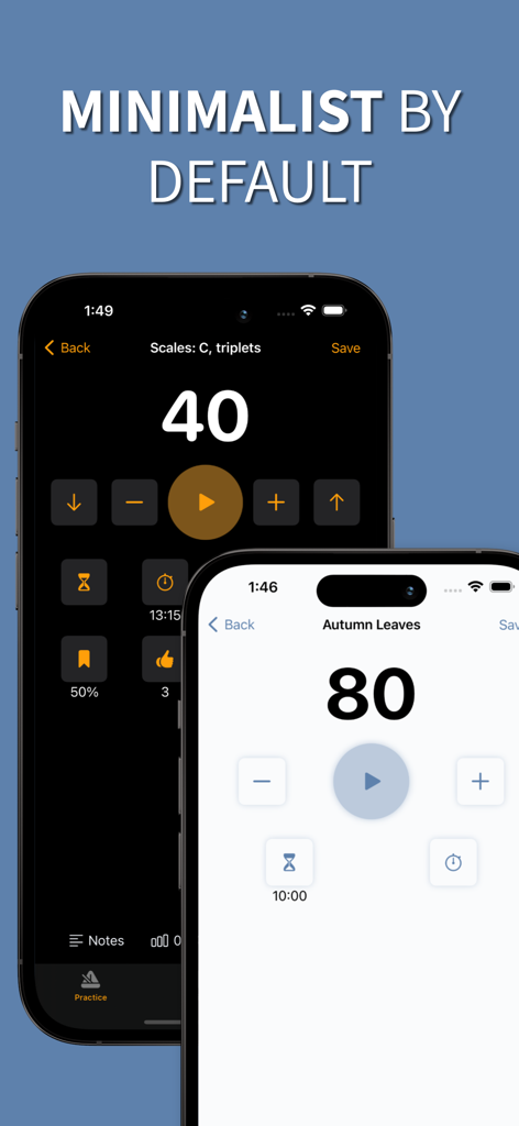 Due iPhone che mostrano l'interfaccia del metronomo dell'app Mujo in modalità scura e chiara con il testo Minimalist by Default.