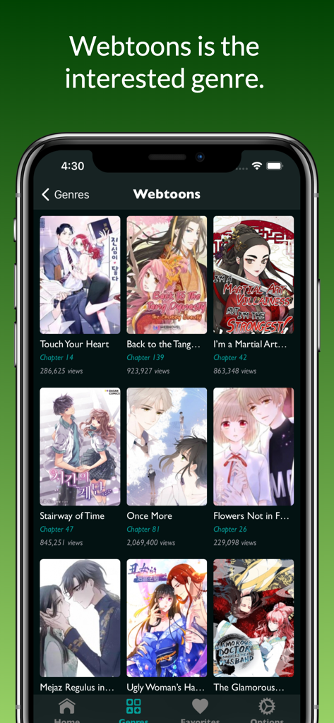 MangaKakalot - Manga Reader - MangaKakalot app interface showing the Webtoons genre collection with various comic covers