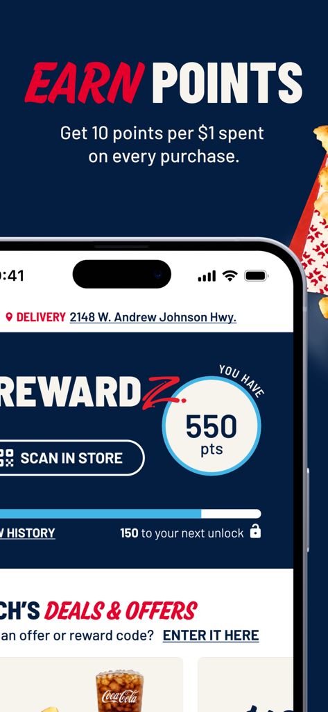 Zaxbys - Zaxbys app interface displaying current reward points and loyalty program details.