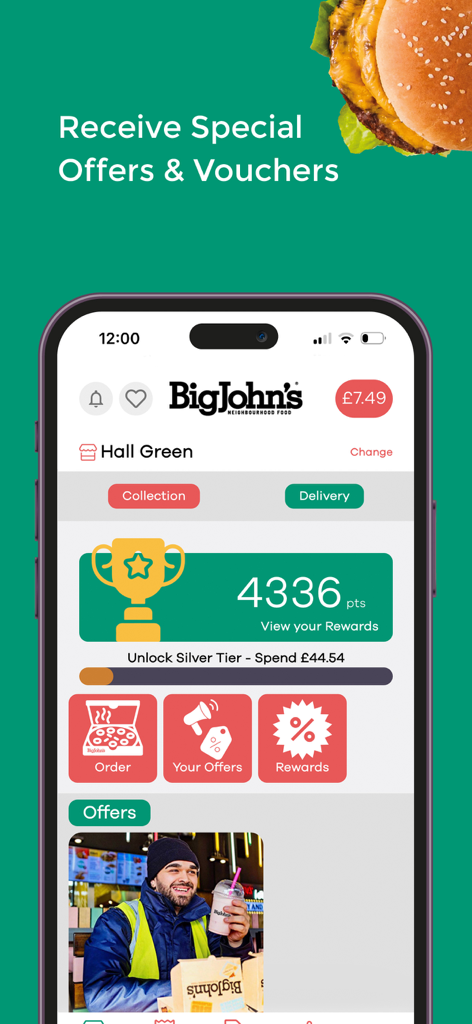 Big Johns - Big Johns mobile app home screen featuring loyalty points and special offers