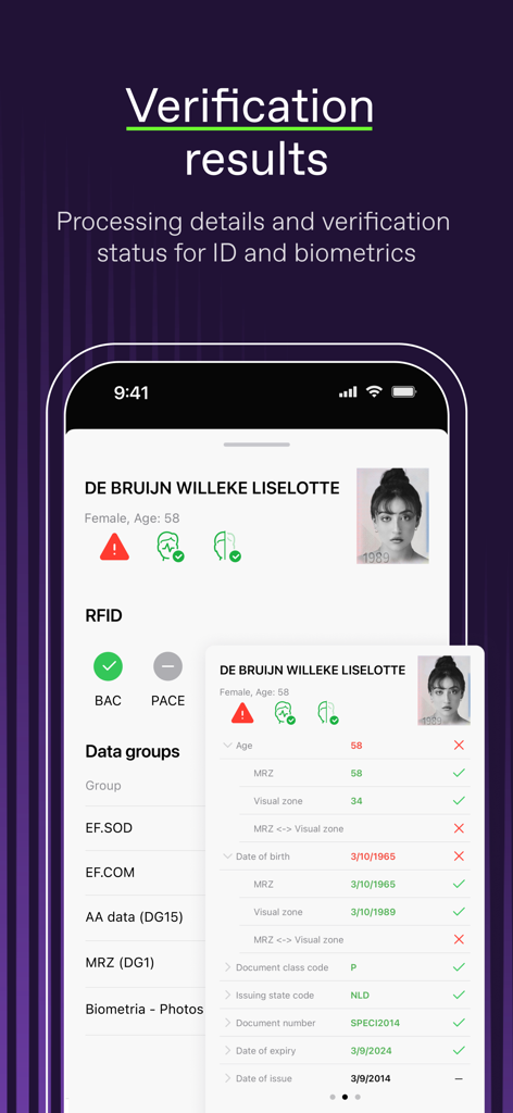 Regula Document Reader - A mobile app screen showing identity verification results and biometric data processing status