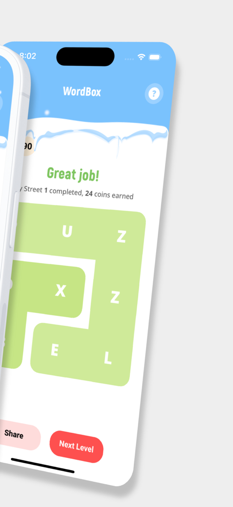 Strands WordBox Word Search - A screenshot of the Strands WordBox word search game showing a completed level with a green letter grid.