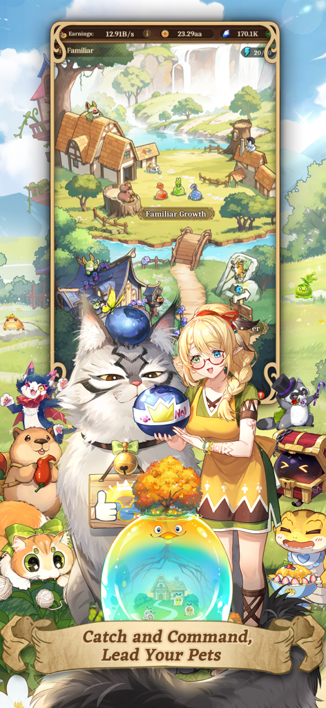 Uma garota de anime e um grande gato branco cercados por animais de estimação fofos em uma paisagem de aldeia colorida