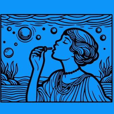 pop art style woman blowing a bubble underwater