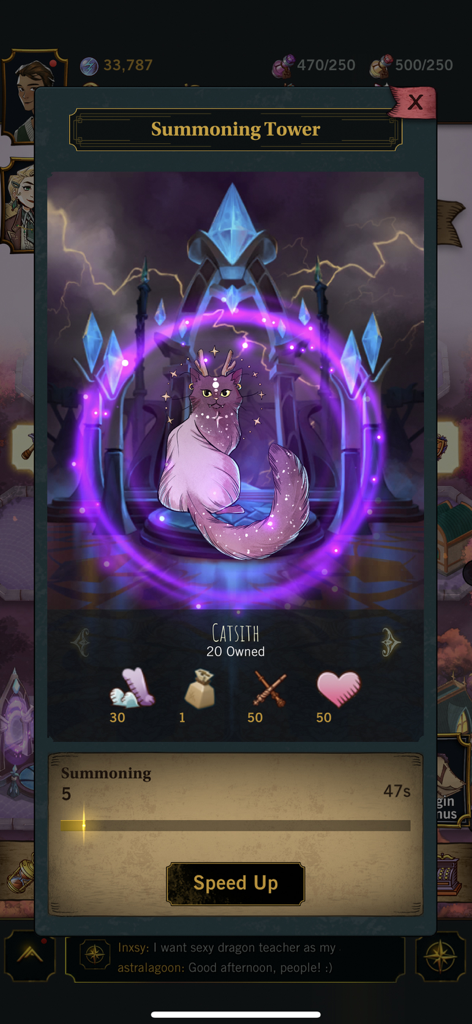 Summoning Tower interface in Witch Arcana showing a magical purple cat character named Catsith
