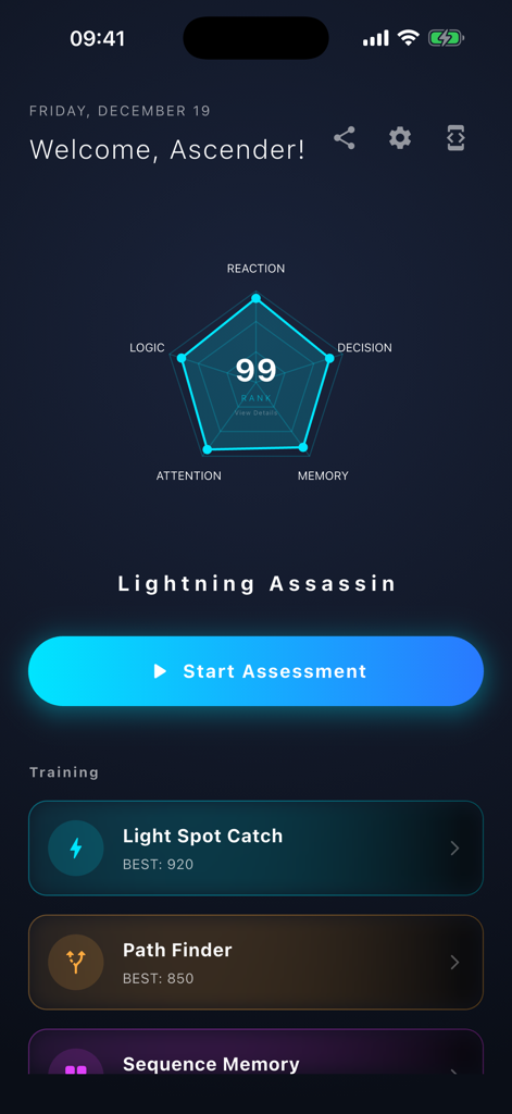 Ascend: Brain Training & IQ - Ascend brain training app interface showing neural radar chart and cognitive assessment tools