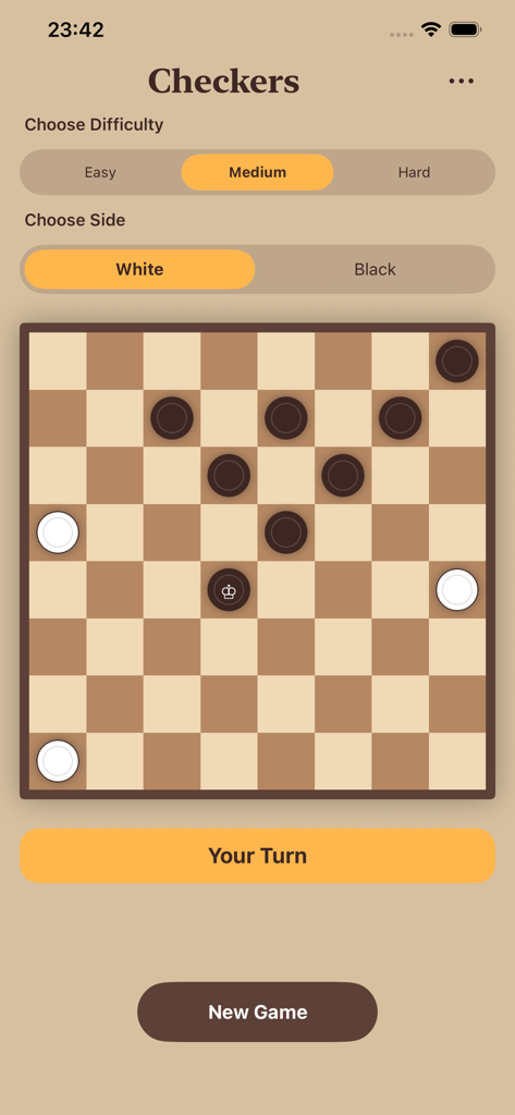 Checkers with Ai - Una interfaz de juego de damas que muestra la selección de dificultad, la elección de bando y un tablero de juego activo con piezas.