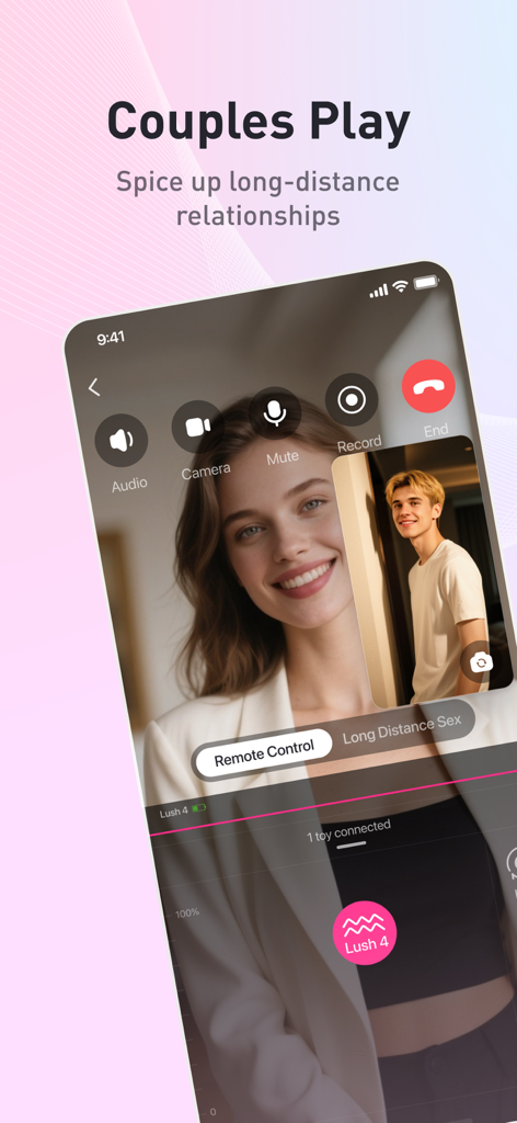 Lovense Remote - Benutzeroberfläche der Lovense Remote App, die einen Videoanruf mit Fernsteuerungsfunktionen für Fernbeziehungen zeigt