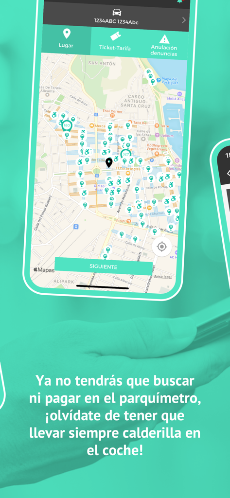 Moviltik app interface displaying a city map with available parking spots and payment options