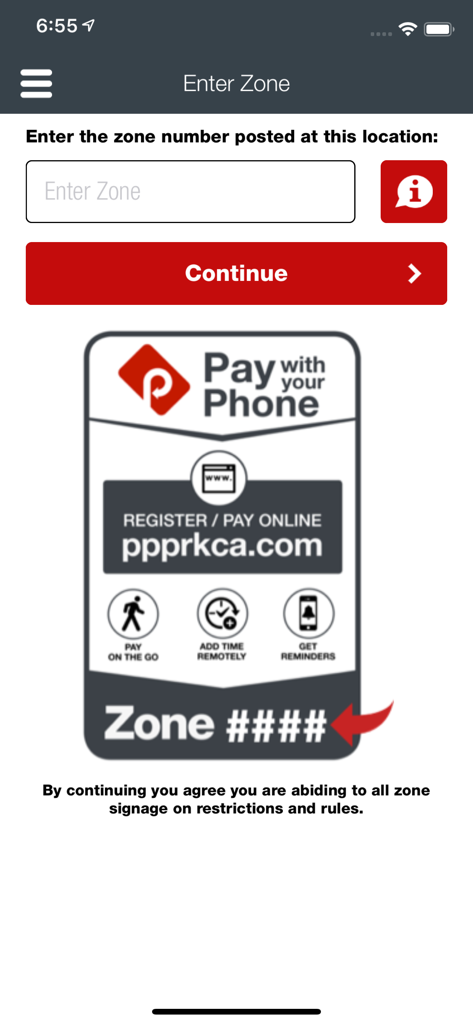 Passport Parking Canada - Enter zone number screen in the Passport Parking Canada app displaying options to pay on the go and add time remotely