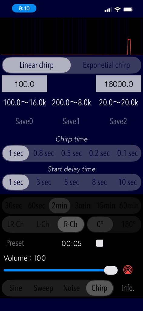 Oberfläche des Chirp-Signalgenerators in der Audio Tone Generator Plus App mit Frequenz- und Zeitreglern.