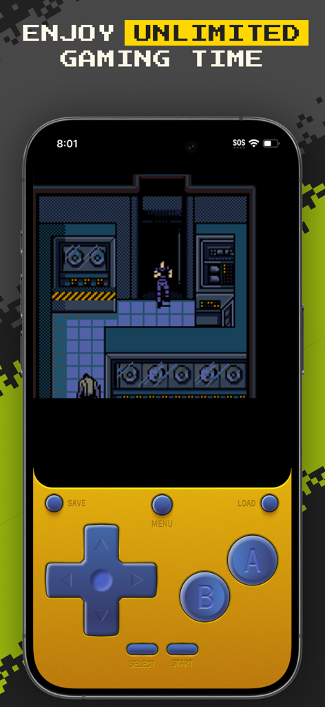 Emu app on iPhone displaying a classic pixelated game with a yellow virtual handheld controller interface