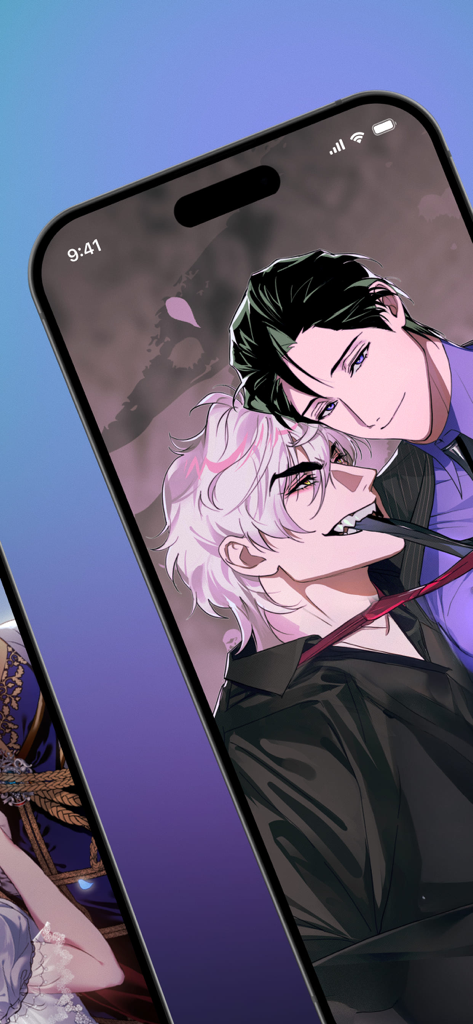 Tappytoon Comics & Novels - 타피툰 고화질 디지털 만화 콘텐츠를 보여주는 스마트폰 화면에서 소년 만화의 두 남자 캐릭터