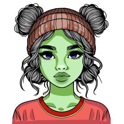 realistic girl with buns in her hair with a beanie on