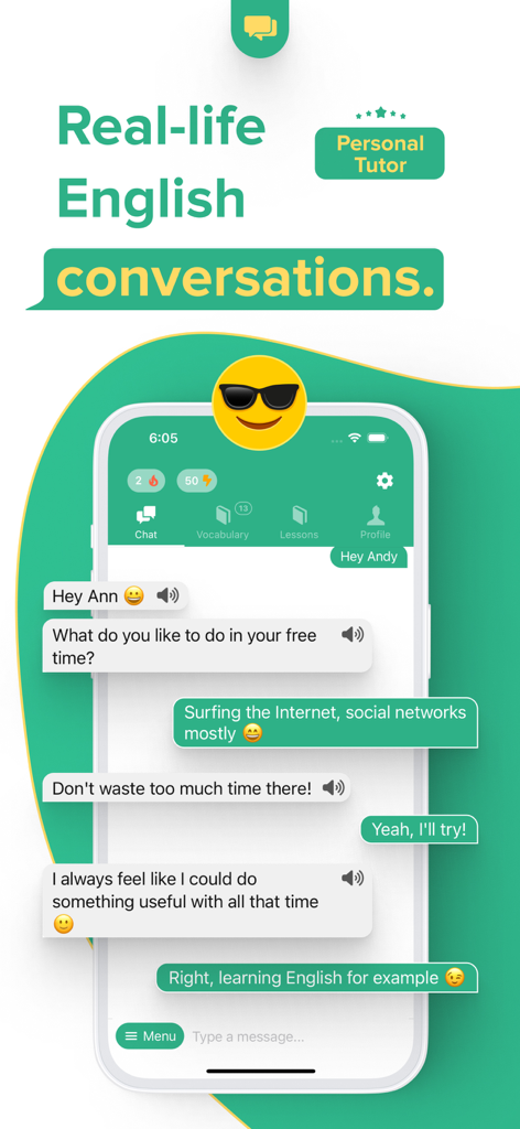 Andy English Language Learning - パーソナルAI講師との実生活に即したチャット会話を表示するアンディ英会話アプリの画面